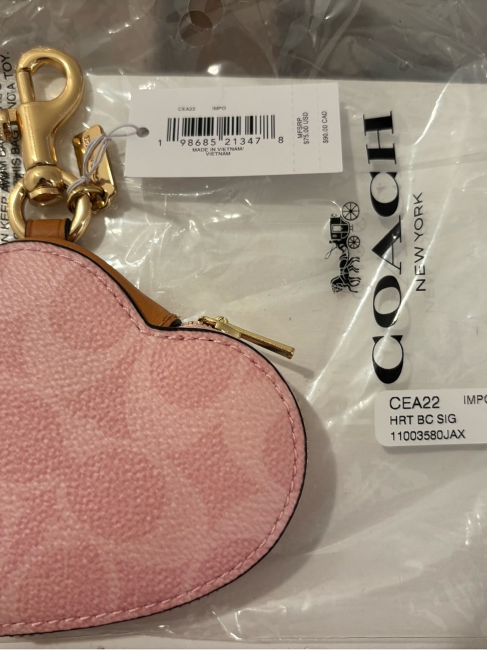 Coach Powder Pink Heart Bag Charm